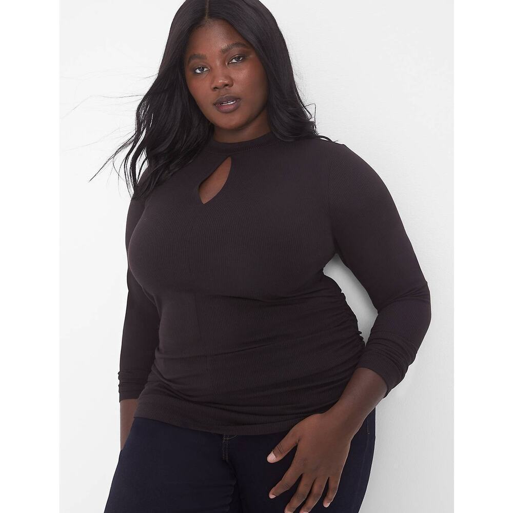 Lane Bryant Top 18 20 Black Long Sleeve Fitted Cutout Neck Side-Ruched Ribbed